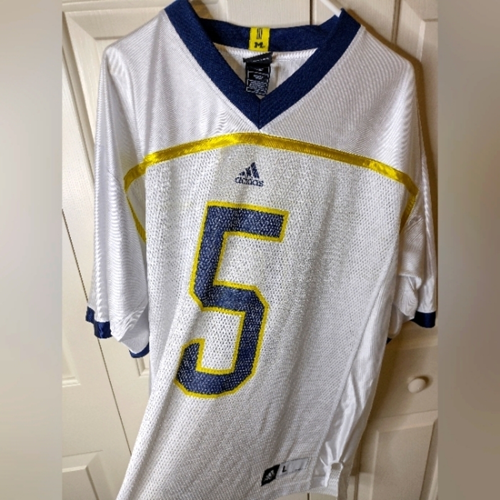 EUC men’s L Adidas University of Michigan white/blue/gold football jersey